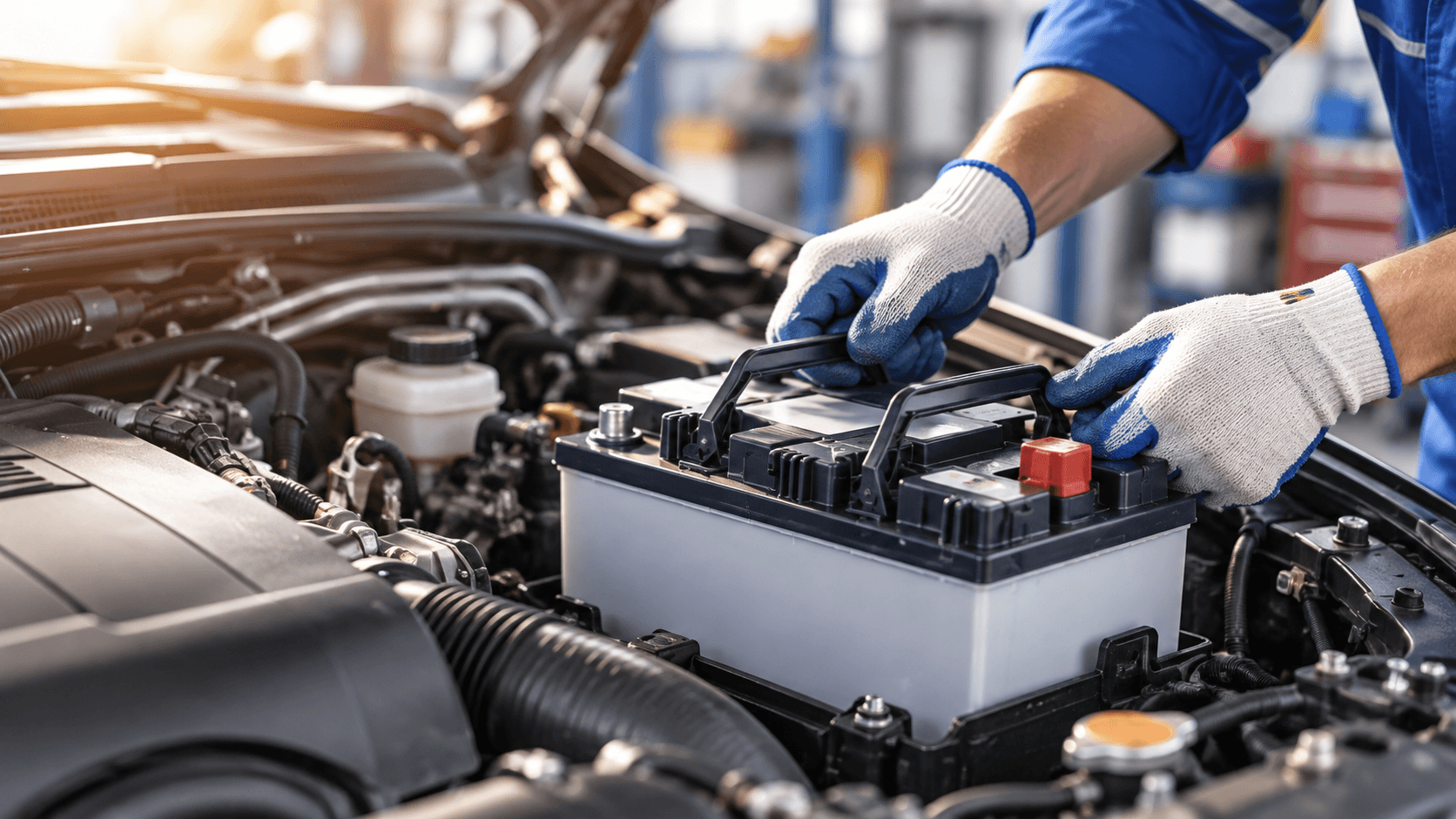 Batterie de voiture contrôlée dans un garage automobile au Maroc